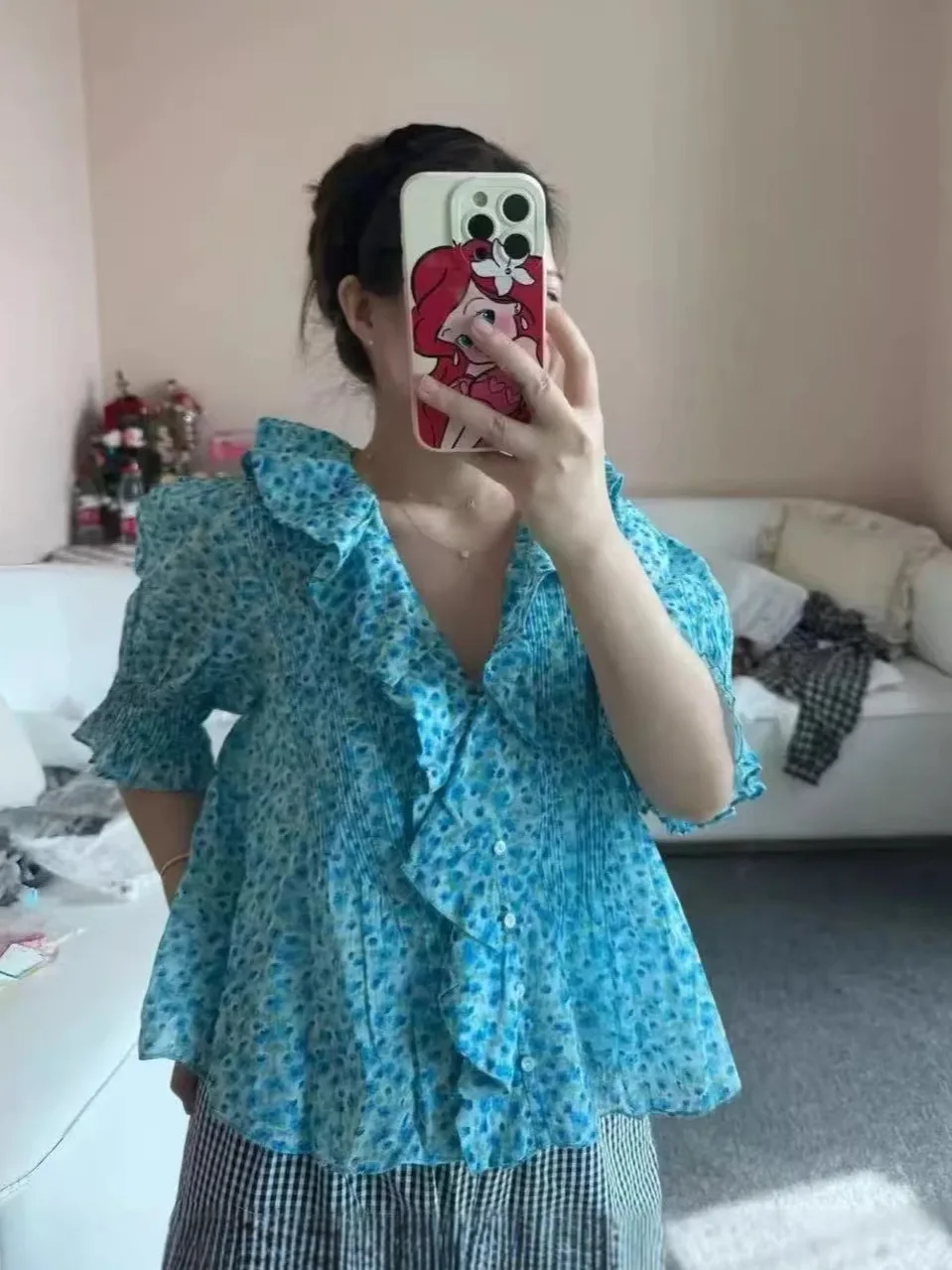 

Slim Fit Floral Print Shirt Turn-down Collar Bubble Sleeve Cotton Spring Summer French Style Ruffle Hem Country Style Top