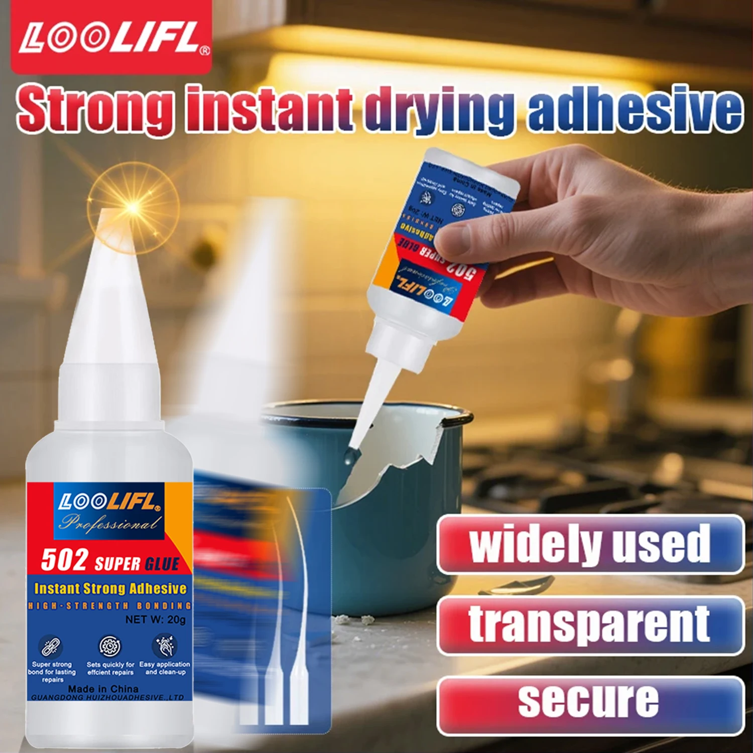 LOOLIFL 20ml 502 Super Glue, Pegamento de uso general de secado rápido CA Glue Epoxy Repair Adhesive for Rubber Metal Plastic Wood Glass Bonding Tool，1-3pcs