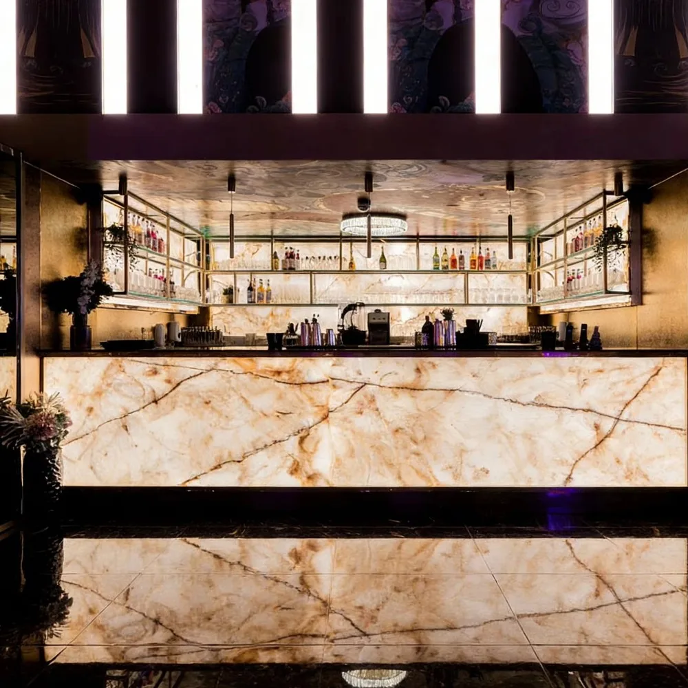 Custom Luxury Contemporary Curved Backlit Onyx Marble Eco-Friendly Multi-Functional Home Bar Counter High-End Hotel Club Bar