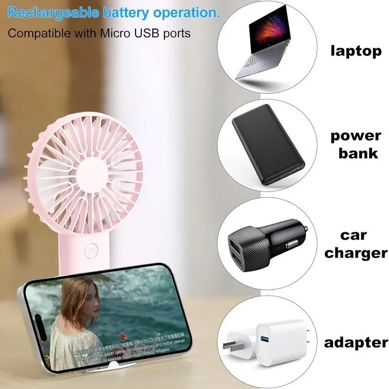 

Портативный перезаряжаемый ручной вентилятор, мини-USB-вентилятор с 3 скоростями, компактный вентилятор с держателем для телефона для стола и путешествий
