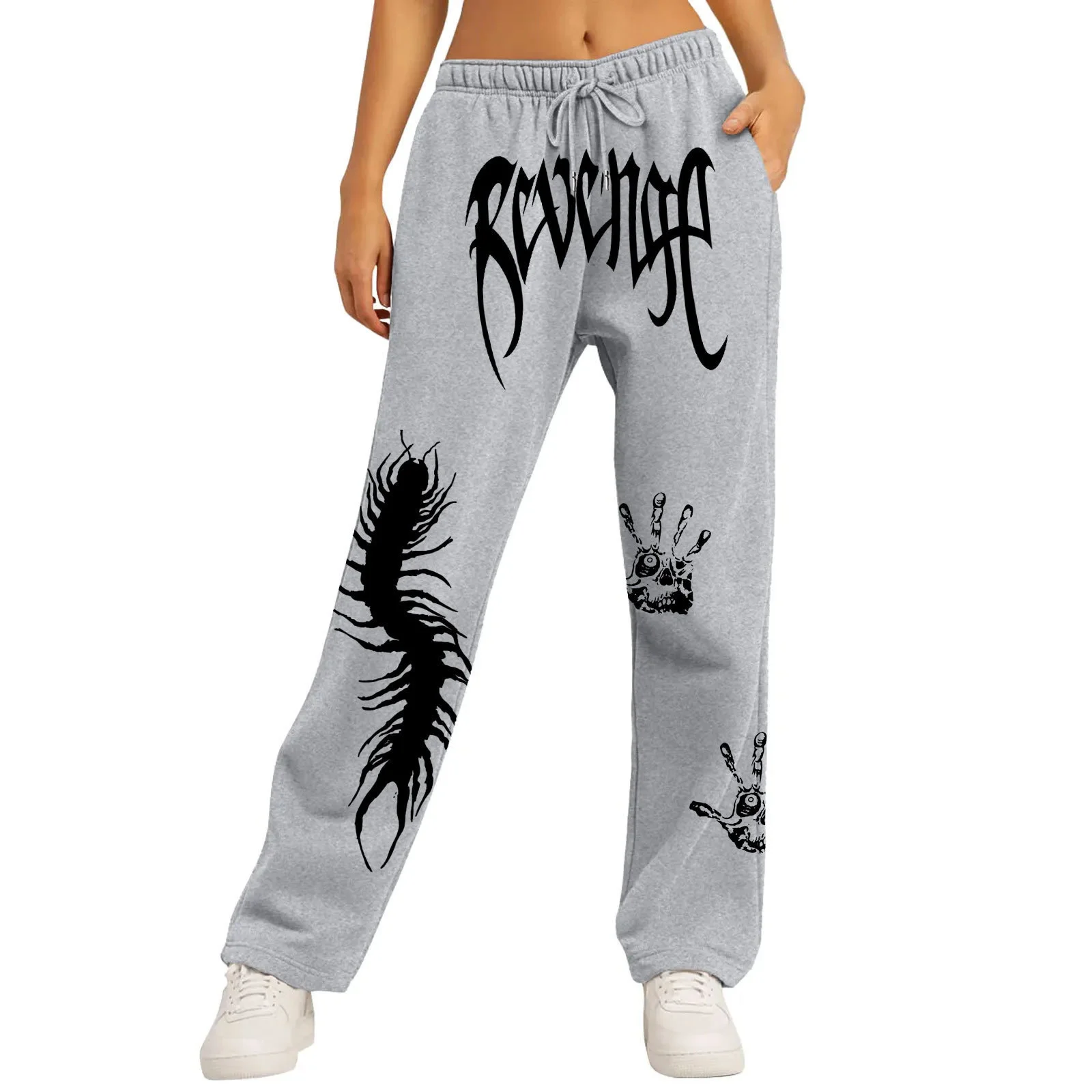 2024 Autumn New Y2K Dark Gothic Printed Loose and Skinny Men's and Women's Lace up Sports Pants Bathroom Pants