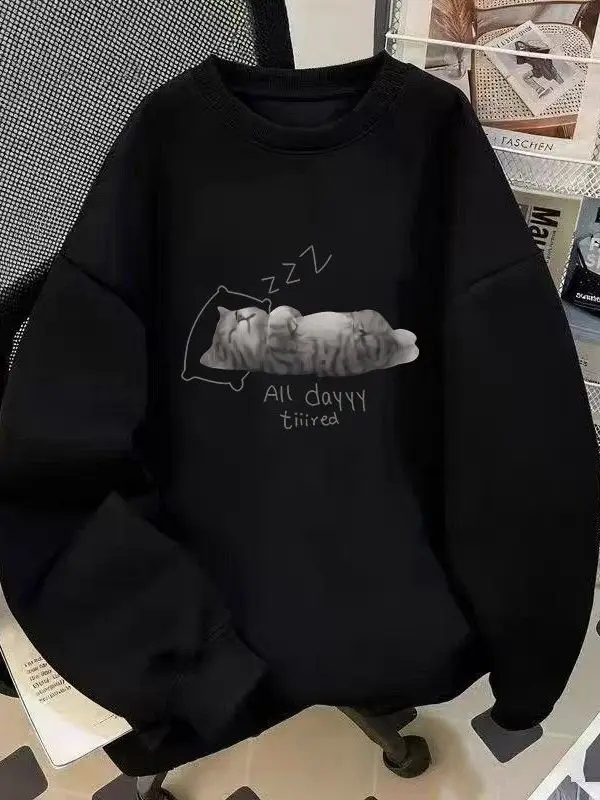 Camiseta de manga comprida com estampa de gato dormindo fofo, gola redonda, casual, unissex, confortável, para homens e mulheres