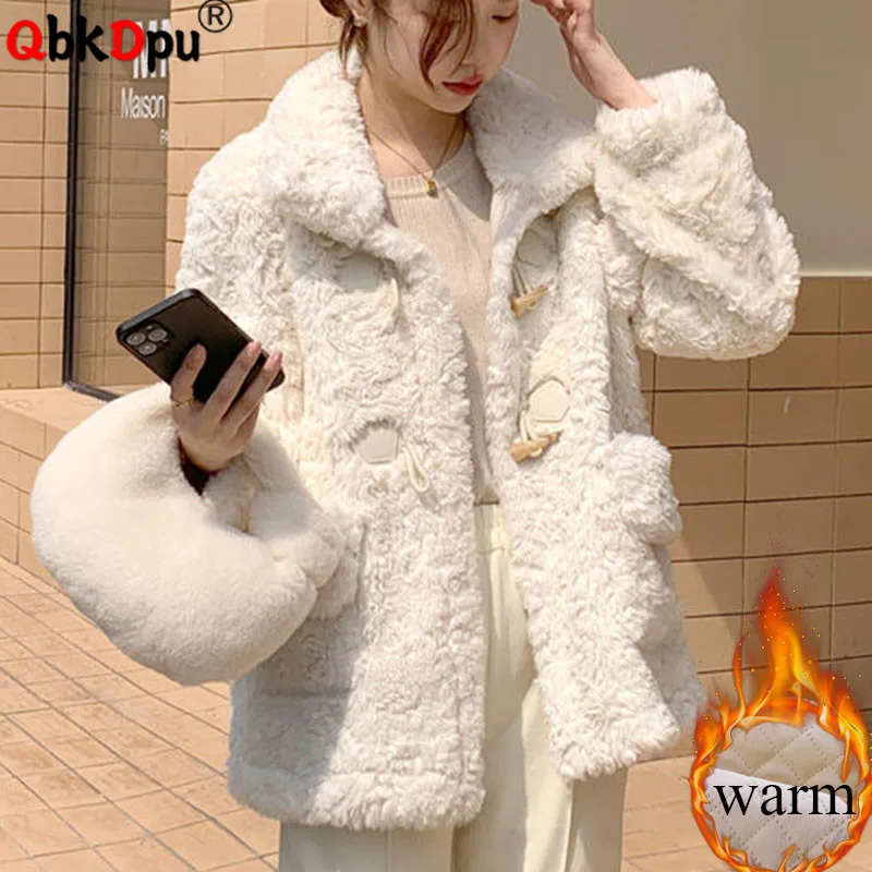 Korean Design Thicken Lamb Wool Jackets Tops Women Lapel Neck Horn Button Cotton Padded Abrigos Winter Warm Casual Loose Manteau