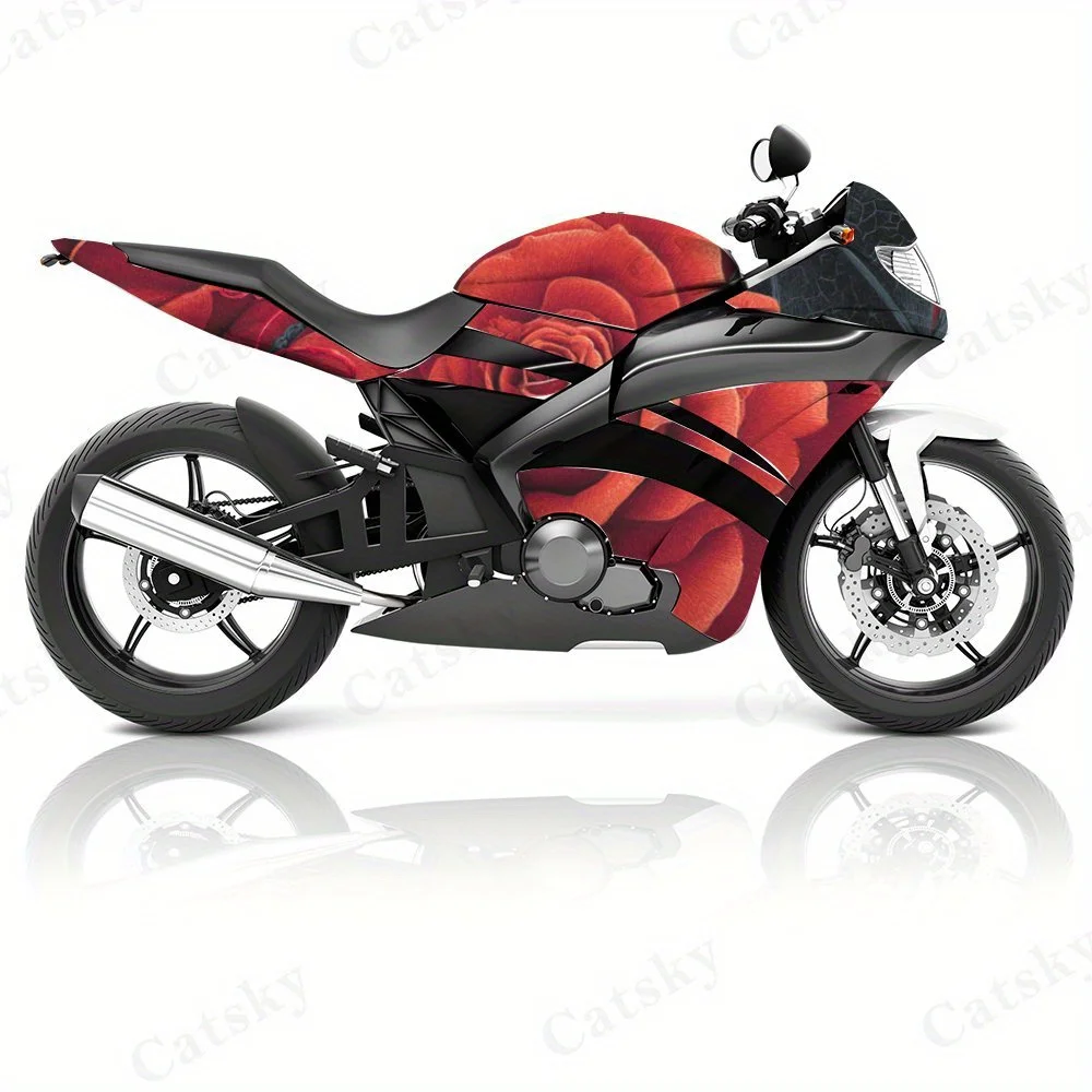 Rode rozen en zwarte vleermuisvleugels motorfiets filmstickers, duurzame PVC zelfklevende stickers voor motorfietsaanpassing, weerbestendig