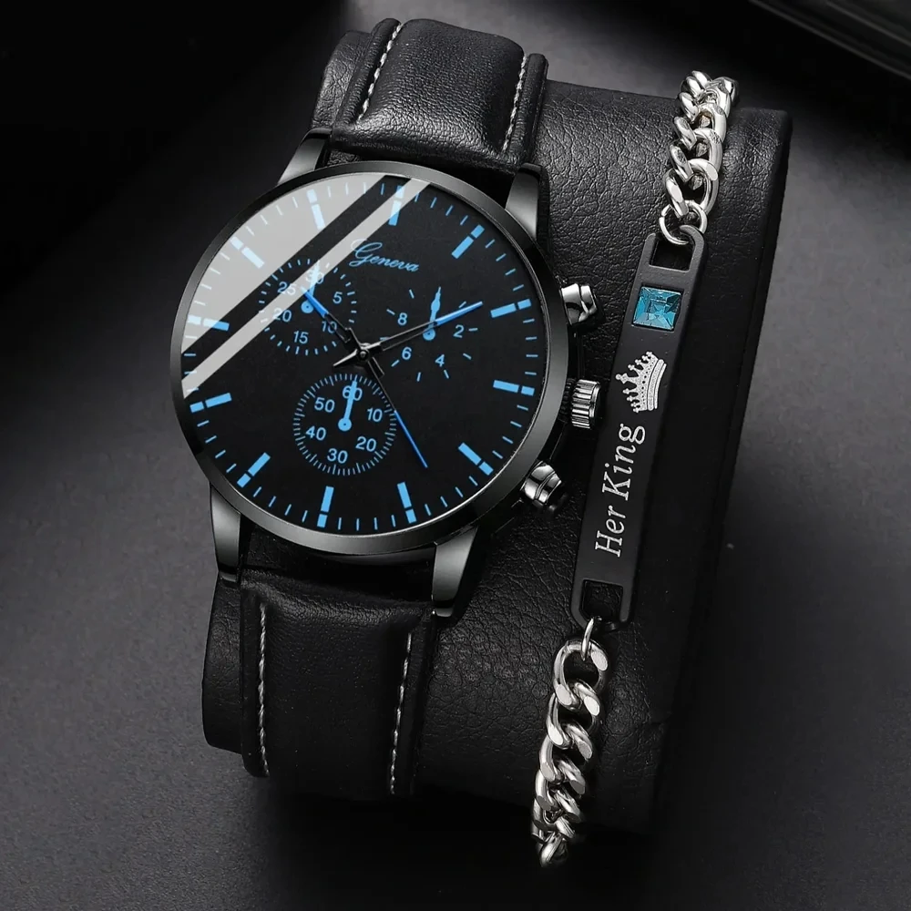 Watch + Bracelet 2023 Minimalist Men\'s Fashion Ultra Thin Watches Simple Men Business PU Leather Strap Quartz Watch