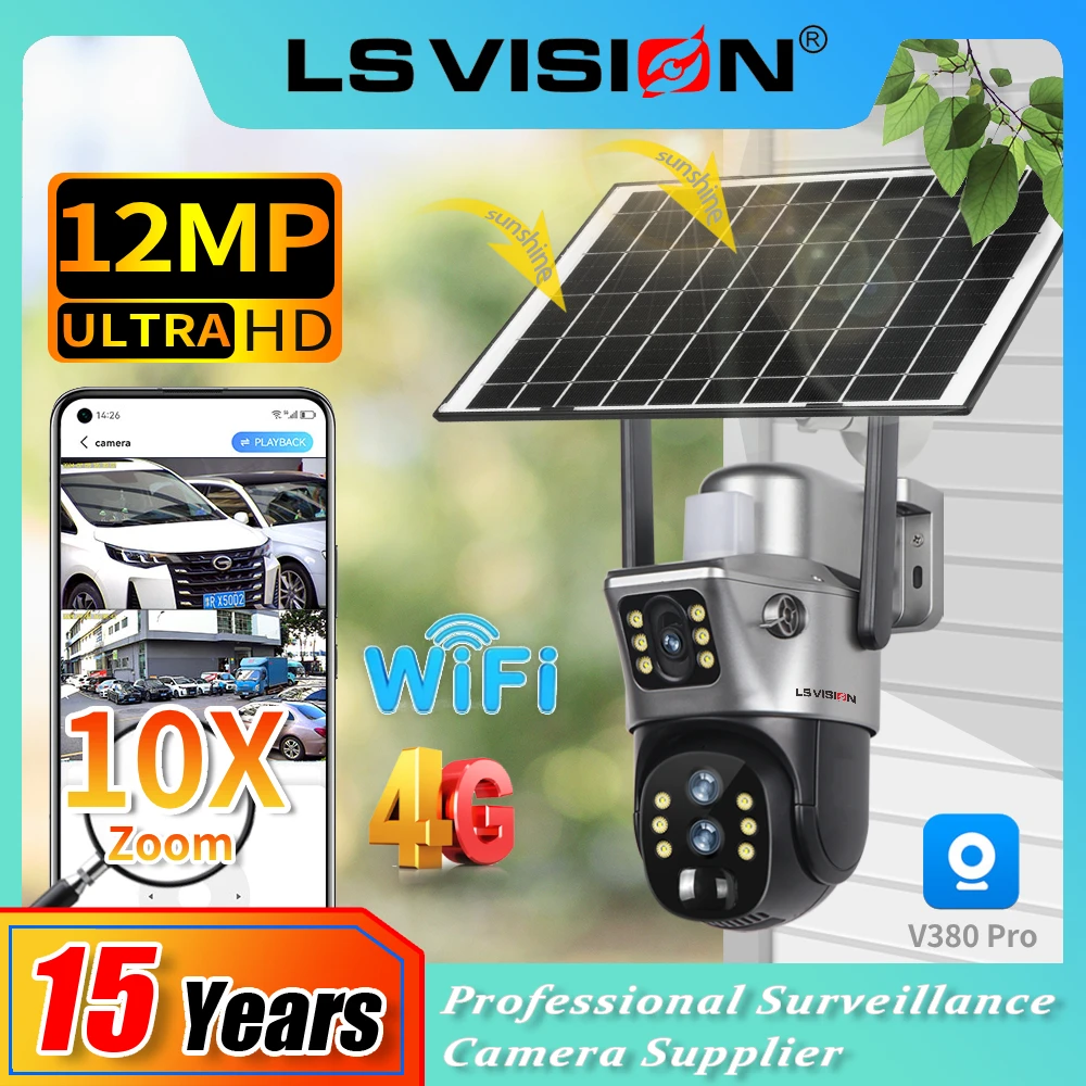 LS VISION 6K 10XZoom 4G Sim Solar Camera Wifi Outdoor Dual Screen PIR Human Detection Battery Security Camara V380 CCTV Monitor