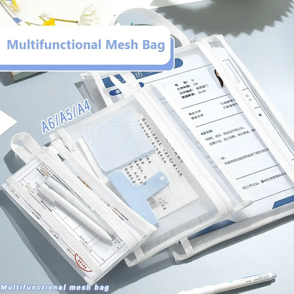 Multi-Function A4/A5/A6 Mesh Storage Bag Large Capacity Transparent Pen Bag Double Layers File Bag Gift