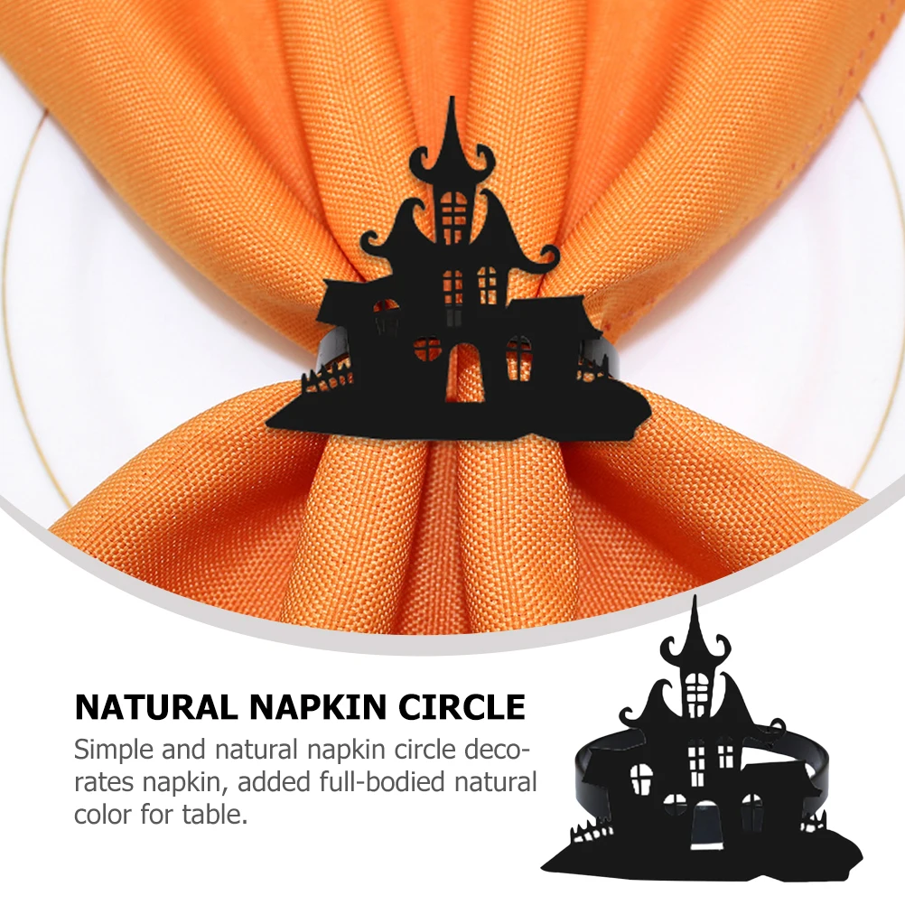 

4pcs Castle Shaped Metal Napkin Rings Smooth Black Halloween Decor Dinner Table Wedding Party Celebrations Graduation Banquet