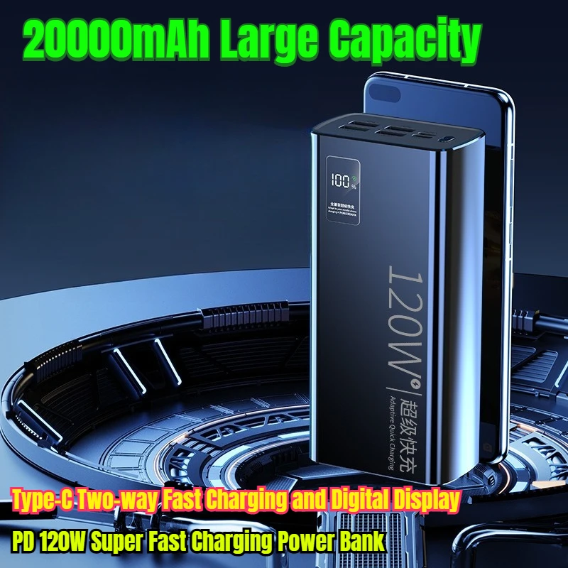 

20000mAh Large Capacity PD 120W Super Fast Charging Power Bank with Type-C Two-way Fast Charging and Digital Display