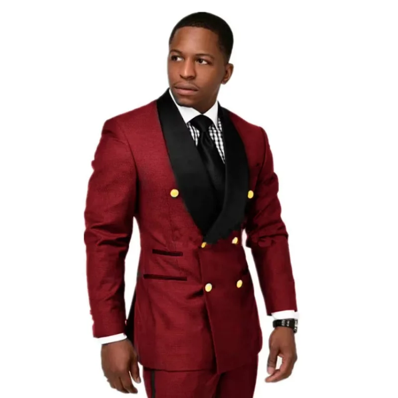 

New Design Male Suit With Black Shawl Lapel Double Breasted Slim Fit Best Men Groom 2 Pieces Mens Suit Wedding Party Double Vent