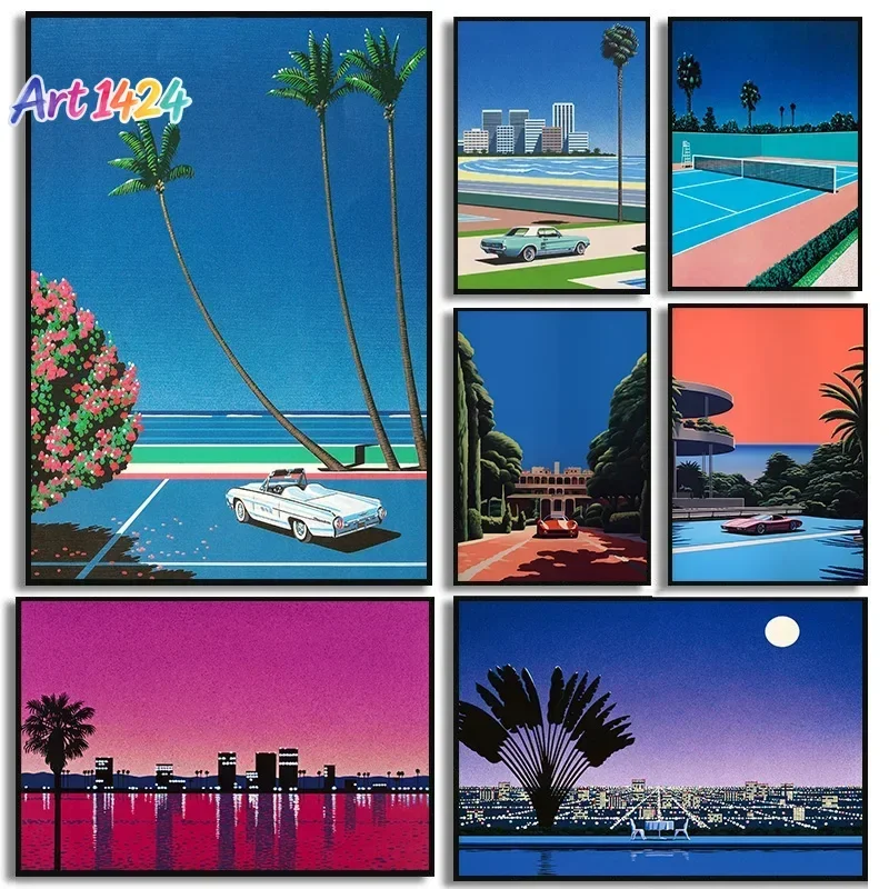 Retro Hiroshi Nagai Vaporwave Japanese Tropical Beach City Car Poster Wall Art Pictures Canvas Painting Nordic Room Home Deco