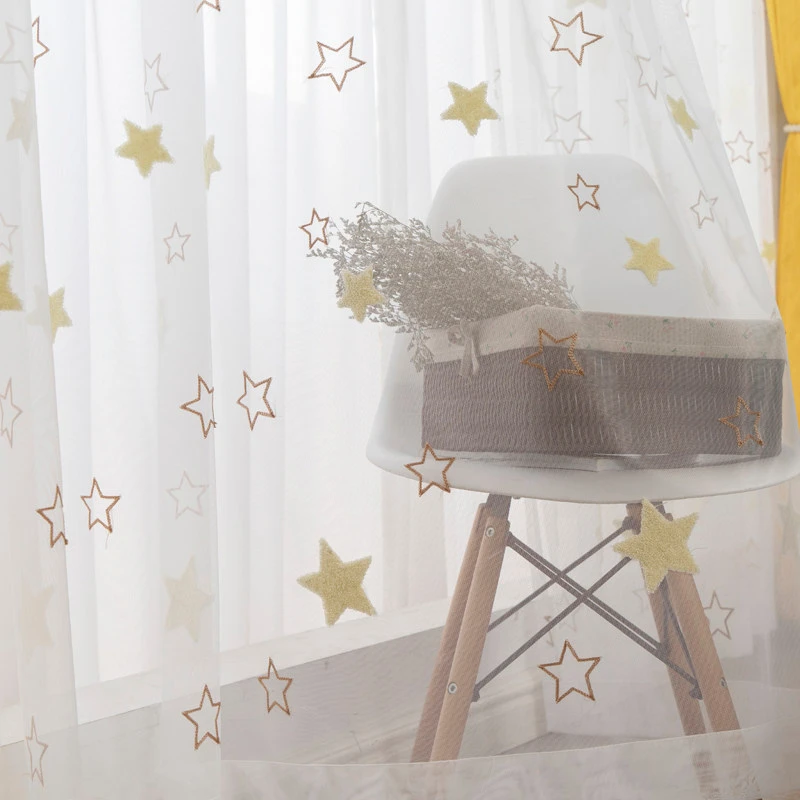 Modern Fresh Blue Yellow Five-pointed Star Curtain Children Room Window Screen Cartoon Light-transmitting Balcony Partition