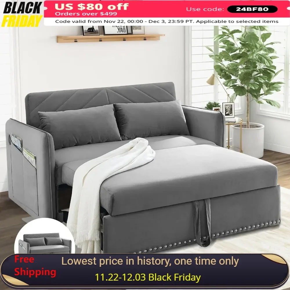 55.9'' Sofa Bed with USB Port, 3 in 1 Velvet Fabric Futon Couches with Side Pocket, Adjustable Backrest, Convertible Couch Bed