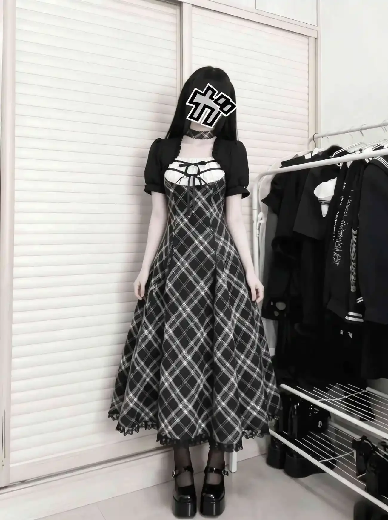 Japanese Vintage Gothic Lolita Plaid Print 2 Piece Dress Set Women Puff Sleeve Lace Trim Slim Fit Midi Dress Casual Outfit 2026