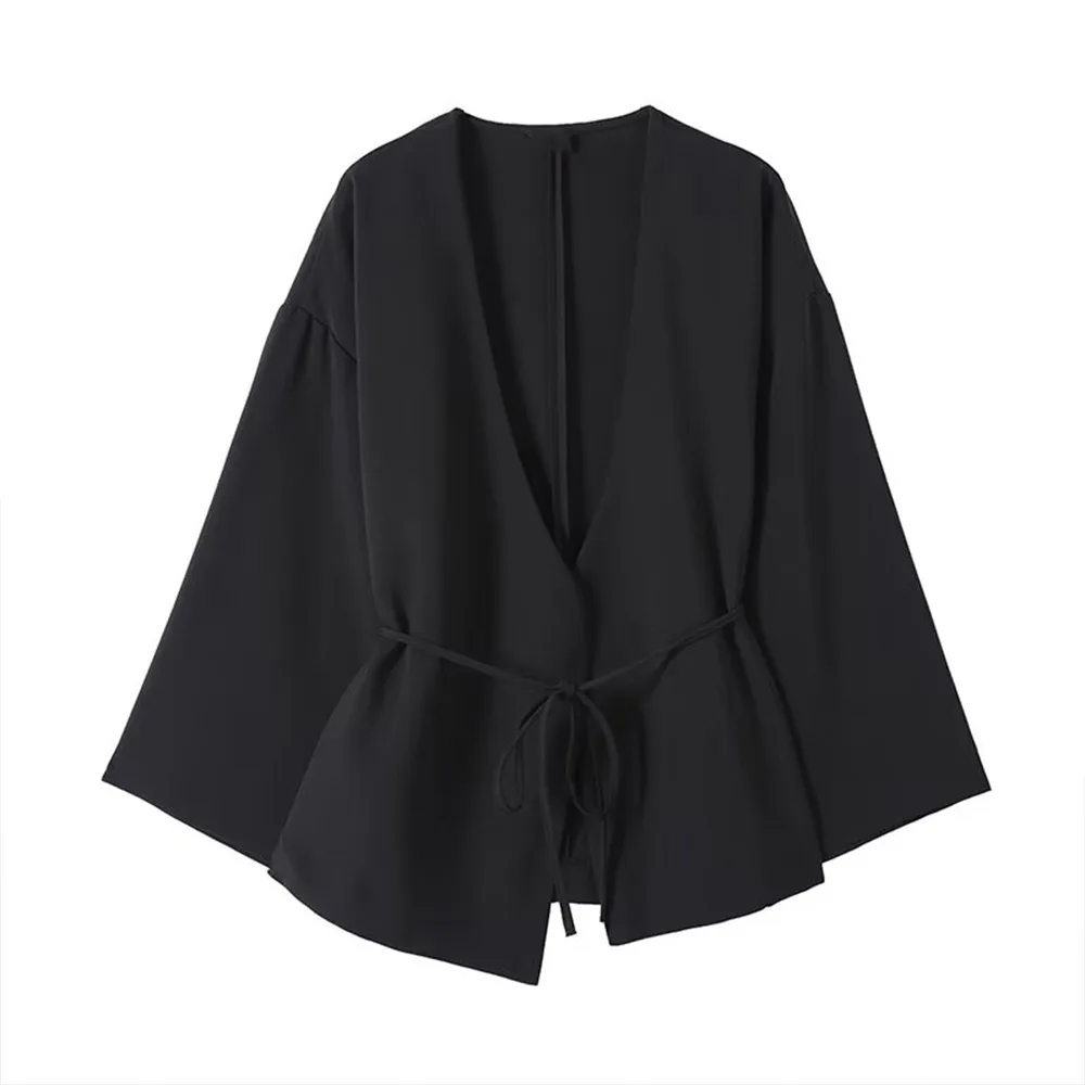 

женское свободное пальто на шнуровке с v-образным вырезом и широкими рукавами, однотонный пиджак с длинными рукавами, повседневная ранняя осень, новая куртка в ленивом стиле