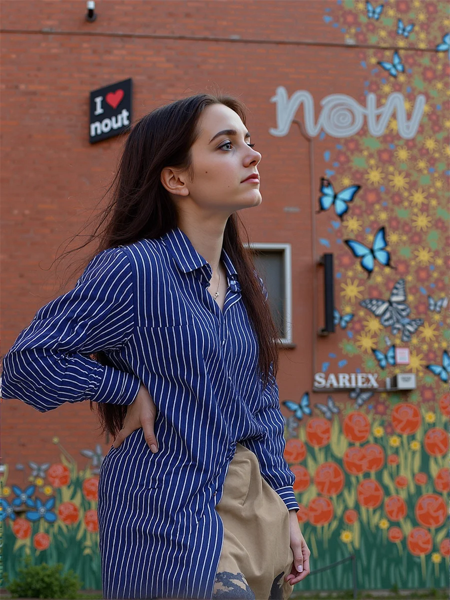 

Blue Striped Shirts For Woman Cotton Blouses Clothes Women Summer Long Shoulder Cutouts Pleated Print Jk Pocket Unisex Slim