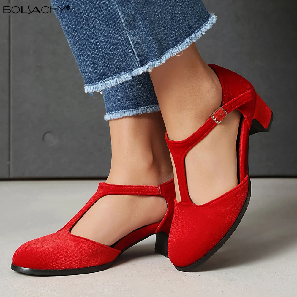 

Elegant Women's Velvet High Heels Mary Jane Shoes Retro T Strap Blue Green Red Heeled Party Wedding Office Shoes Female Spring