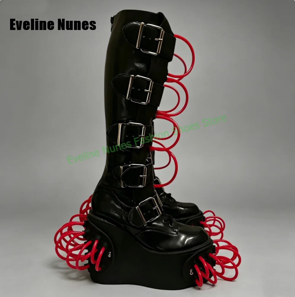 Women Gothic Black Platform Knee High Boots Red Spiral Tube Decor Buckle Strap Wedge Heel Punk Cosplay Party Shoes 2026 Newest