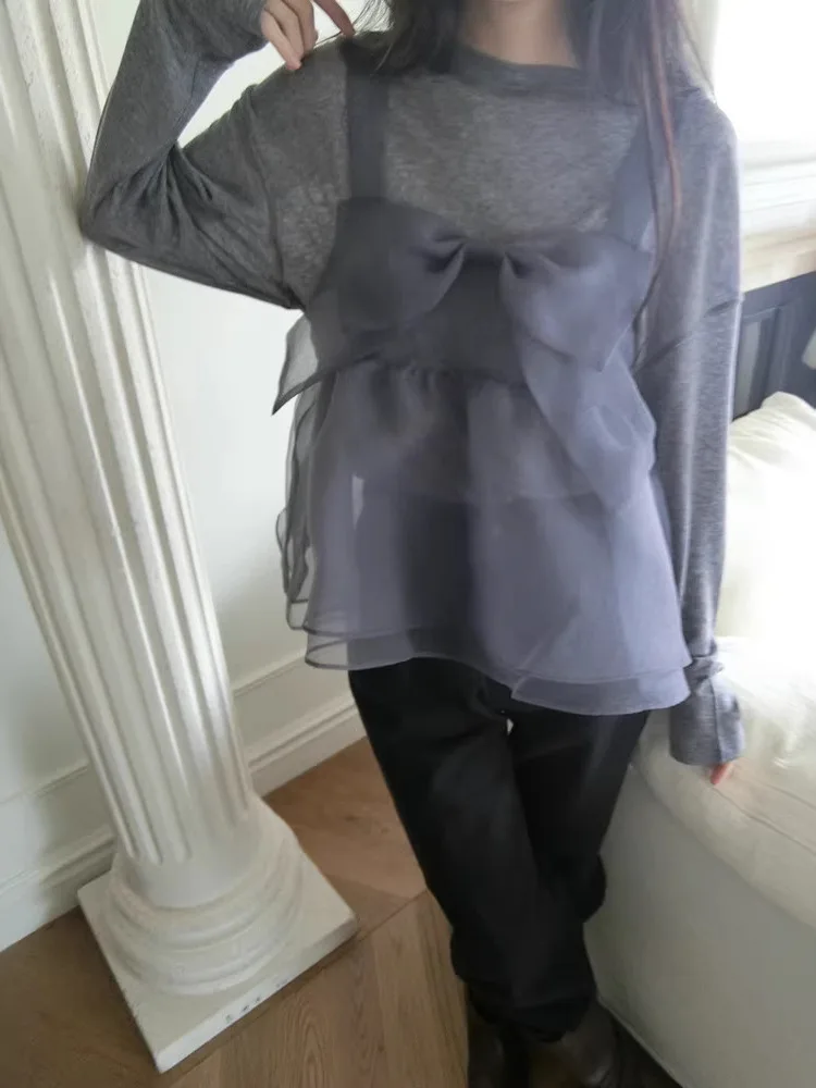 Spring Summer Women's Loose Slimming Overlap Strapless Korean Style Transparent Organza  Knot Lace Trim Vest