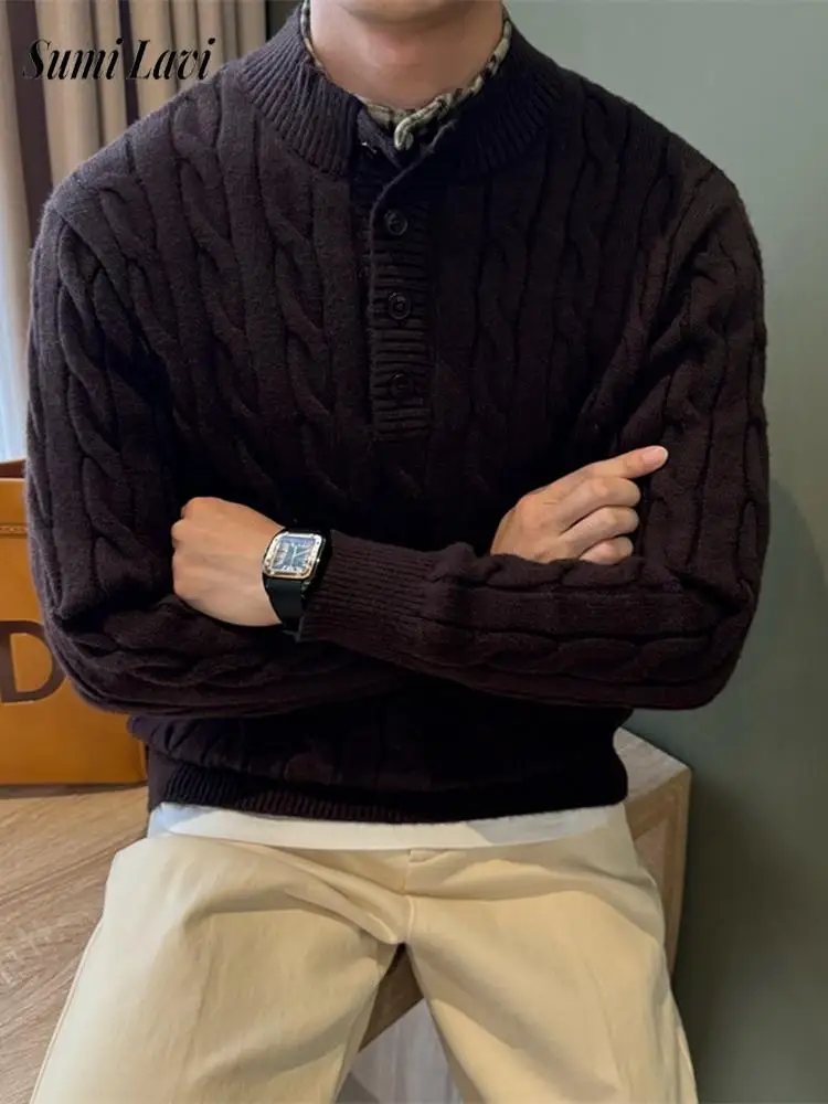 Fall Winter Knitting Pullover Mens Vintage Long Sleeve Henley Collar Shirt Men Stylish Knitted Fake Two Piece Design Polo-shirts