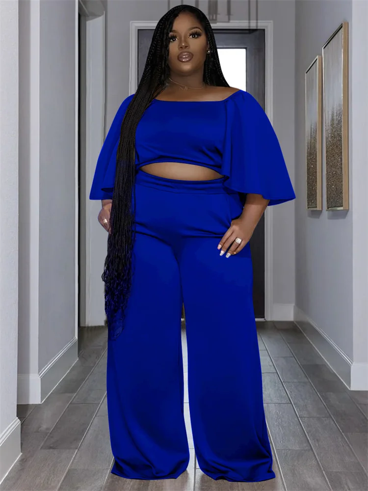 Wmstar Plus Size Two Piece Sets Women Clothing Solid Off Shoulder Tops and Pants Wide Leg Matching Set Wholesale Dropshopping