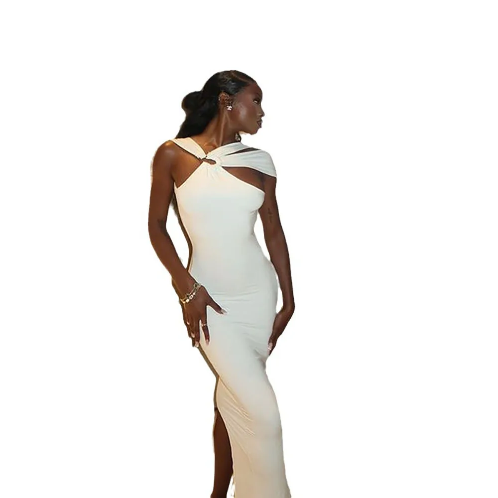Vestidos blancos de mujer estilo Ins hebilla de Metal cuello Halter temperamento sin mangas hendidura Simple recortado vestidos irregulares sin espalda