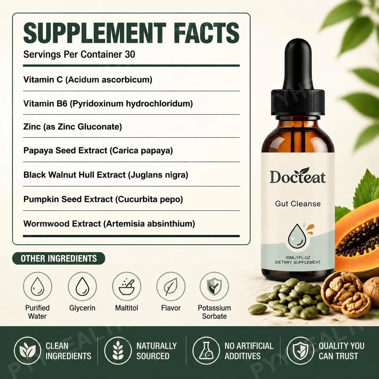 Docteat Gut Care Dropper Drops Supports Digestive Comfort Balance with Papaya Seed Extract, Black Walnut Hull Extract 30 ML