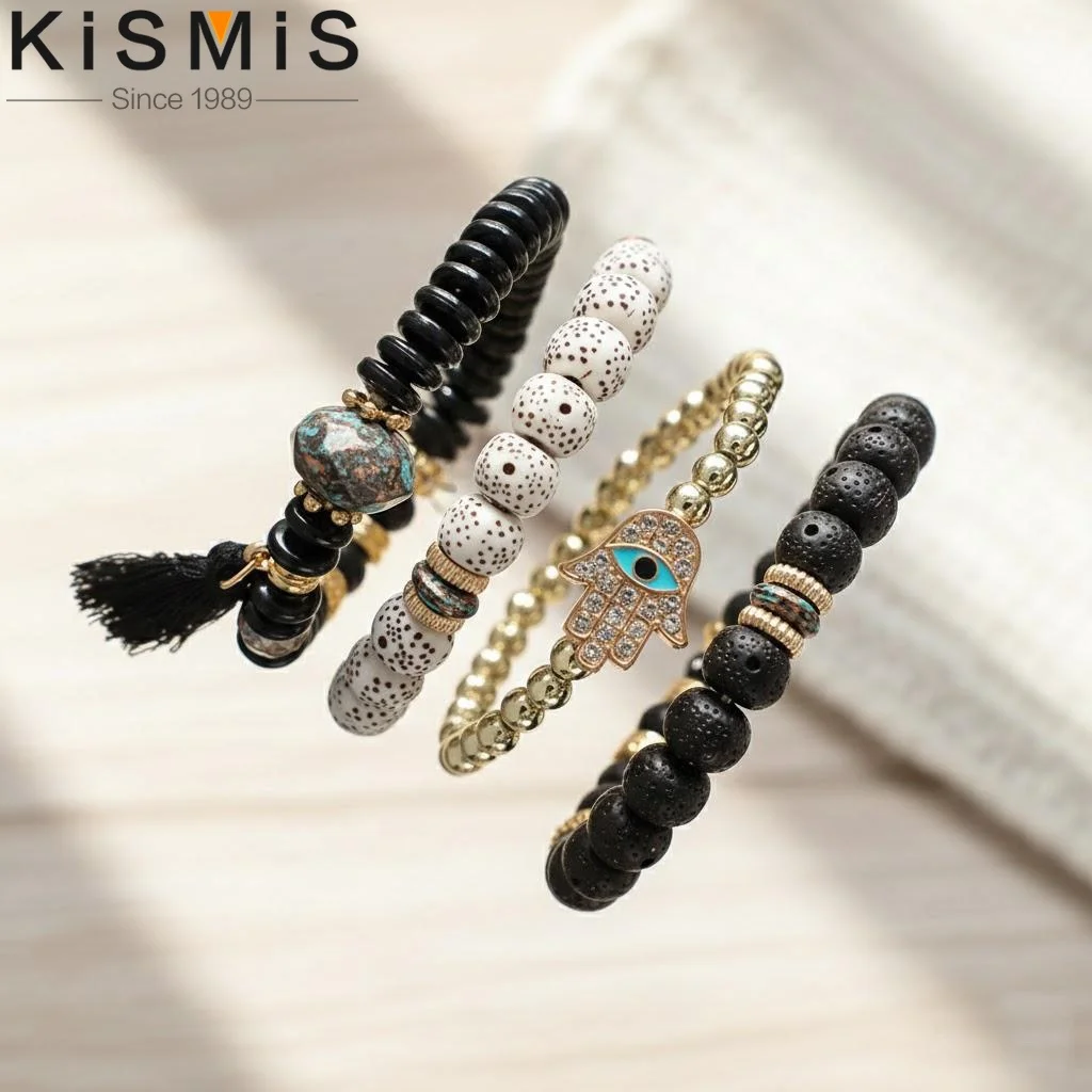 Bohemian Style Stackable Beaded Bracelets Set Multilayer Stretch Boho Tassel Pendant Evil Eye Jewelry