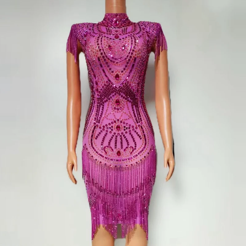 Robe à franges en strass pour femmes, Costume de Jazz, Bar, discothèque, tenue de soirée, vêtements de Festival sur scène
