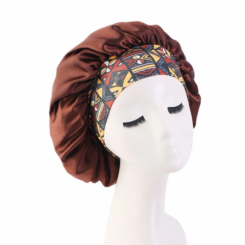 African Ankara Satin Night Sleep Cap Women Wide Band Stretch Hair Care Bonnet Turban Silk Chemo Caps Headwrap Hat Headwear Hijab