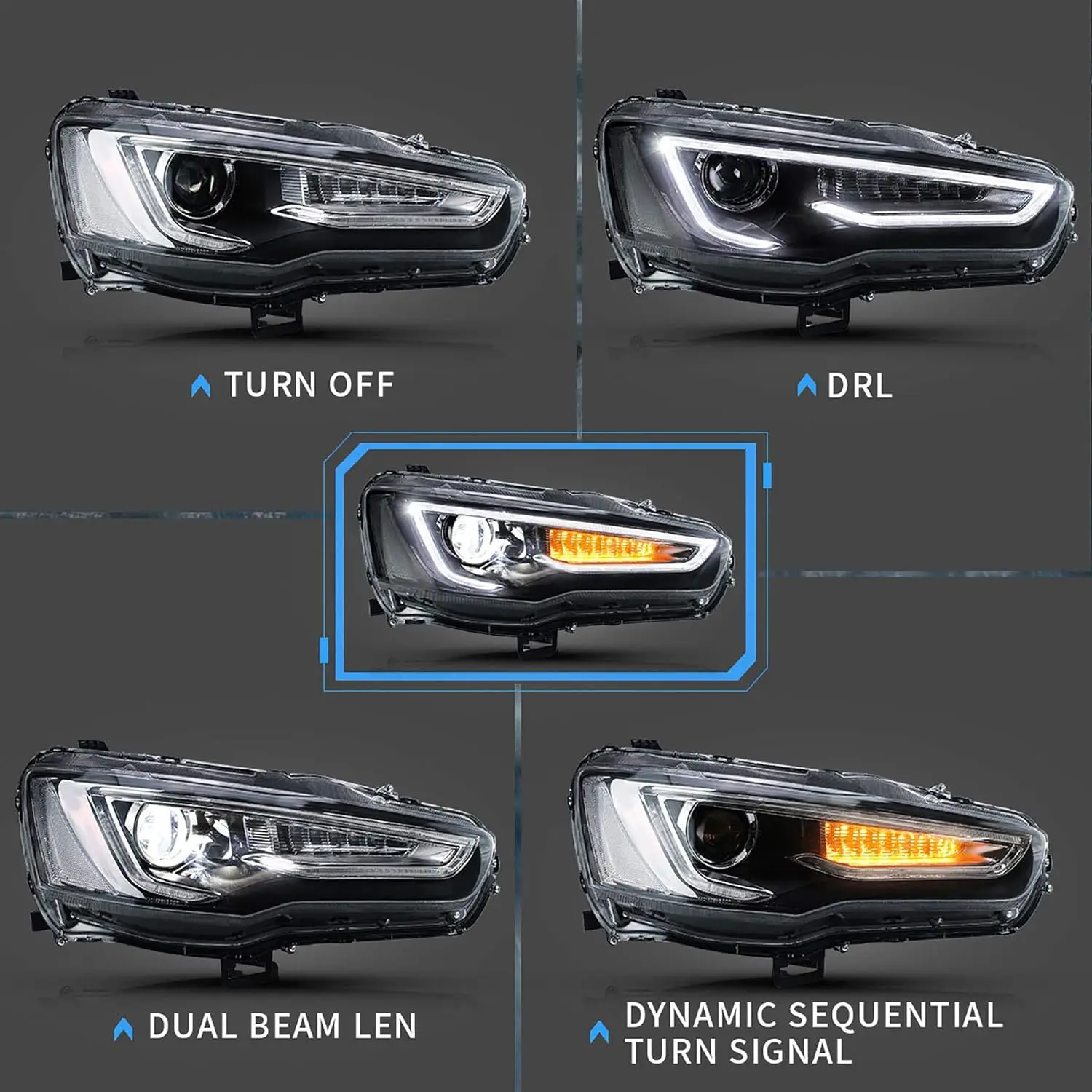 Led Headlights Compatible with Lancer& EVO X 2008-2020 Projector Front lamp Assembly w/Clear Lens w/Sequential w/Black Hou