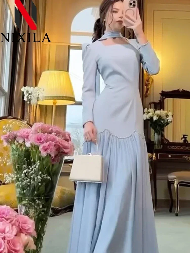 

New Summer Light Luxury Women's Long Sleeve Dress Handmade Diamond Inlaid Ribbon Design Slim Fit Lady's Fashion Elegant Clothing