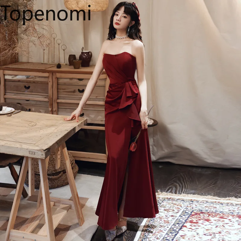 

Topenomi Wine Red Strapless Engagement Toast Bride Dress 2024 New Waist Folds Ruffled Slim Fit Split Fishtail Evening Party Gown