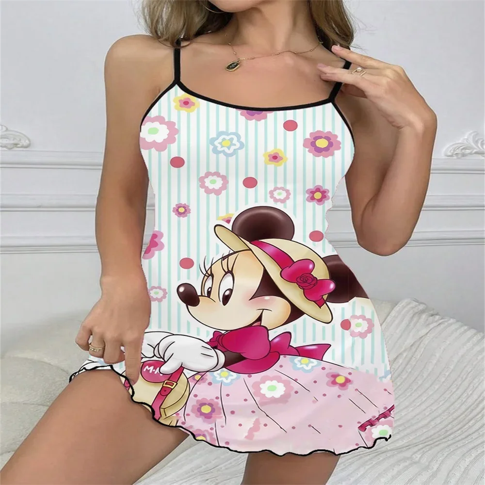 

Sexy Romantic Sleeping Dress for Women 2024 Disney Minnie Pattern Female Suspender Skirt Ruffled Edge Design Women's Nightwear