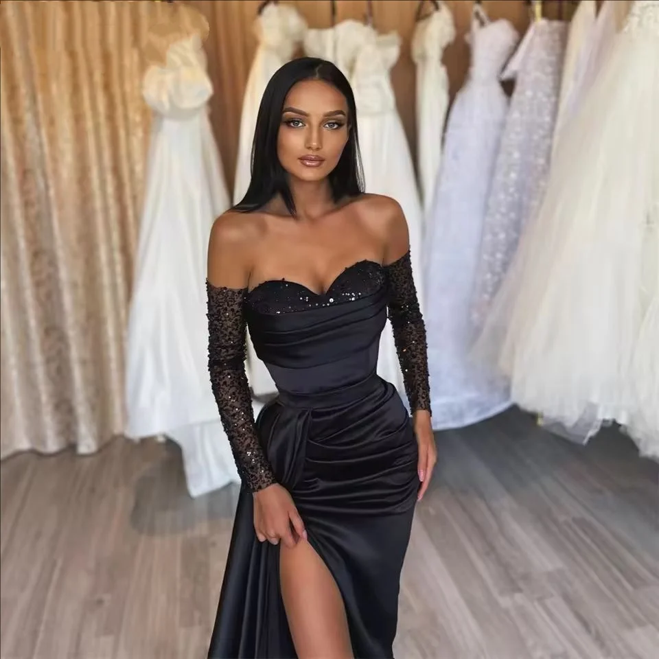 

Chic Off The Shoulder Woman Evening Dress Black Sequin Gown Ball Gown Pleat Night Dress Gown Customized