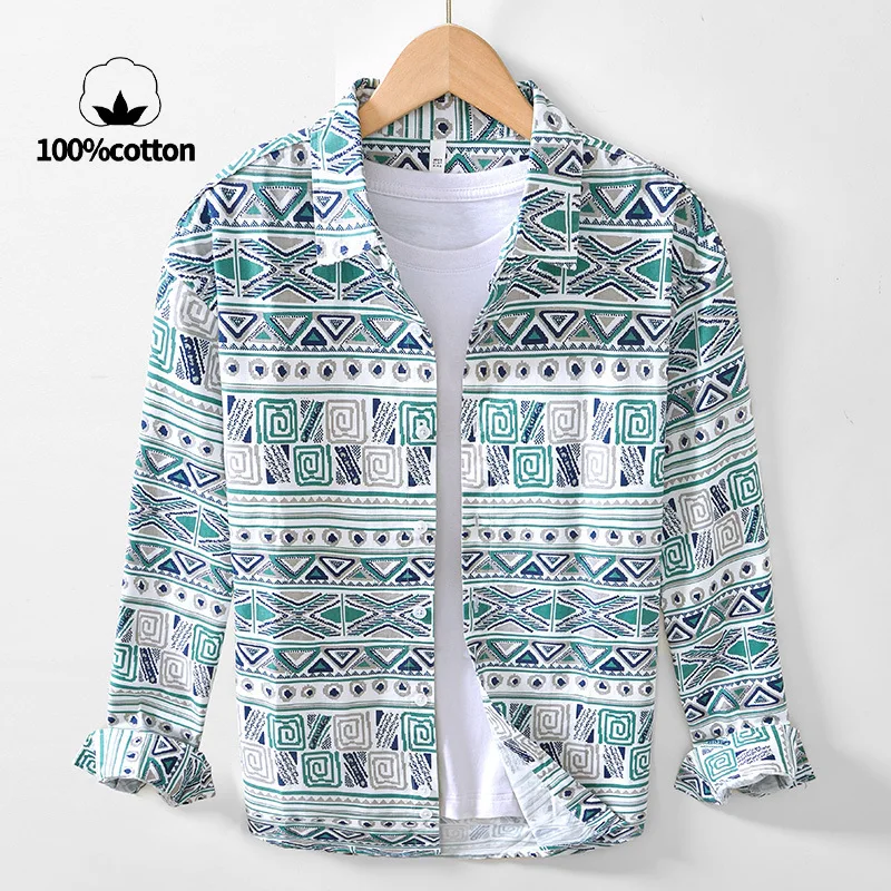 100% Cotton, New Printed Long-sleeve Shirt, Breathable, Moisture-wicking Seaside Vacation Jacket for Men.