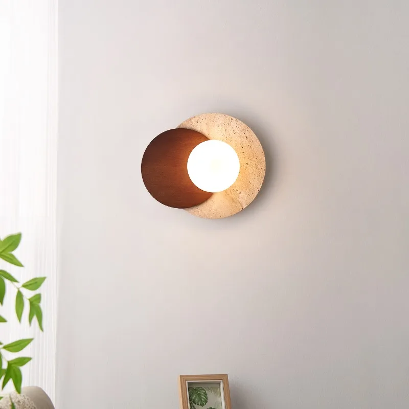 

Japanese Wabi-Sabi Rotundity Wooden Yellow Travertine Wall Lamps Glass Ball Light Living Room Bedroom Kitchen Restaurant Sconces