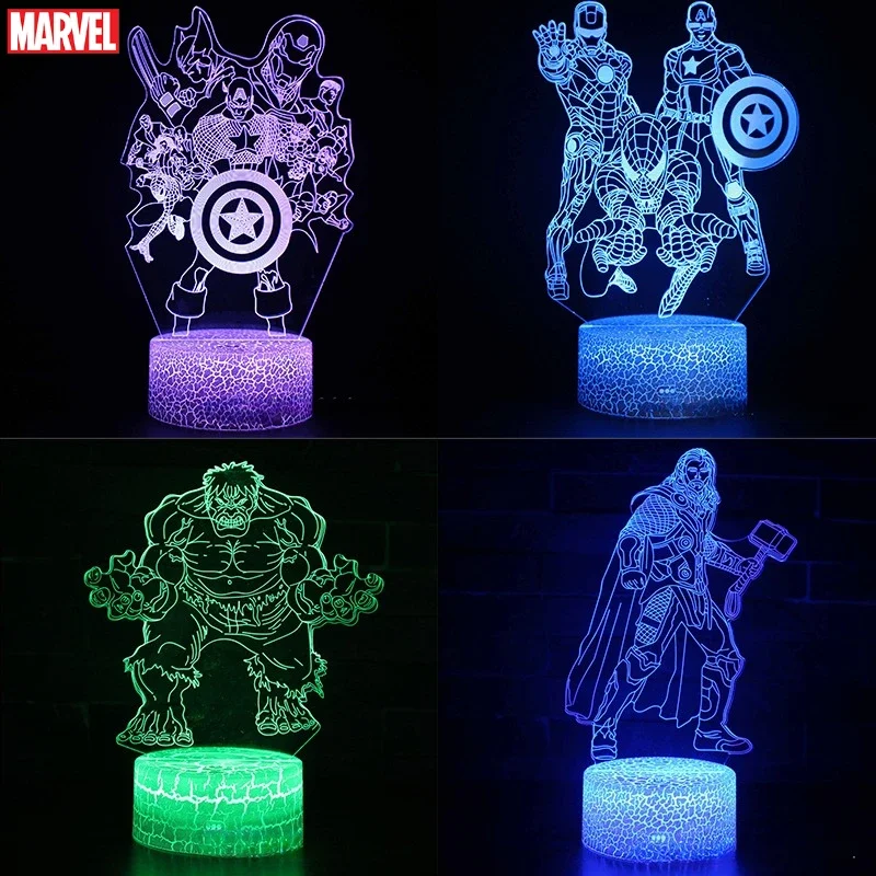 Marvel Avengers Anime 3D LED Nightlight Spiderman Ironman Hulk Thor Lamp Colorful Changing Night Lights Table Lamp Birthday Gift