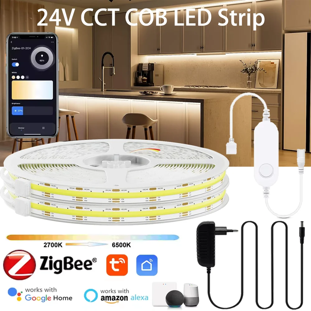 Tuya Zigbee COB CCT LED Strip Light 24V 2m 3m 5m Flexible Dimmable Cupboard Wardrobe Home Decor Lamp for Alexa Google Assistant