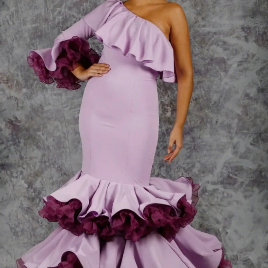 Abiti da ballo chic eleganti a maniche lunghe Abito da ballo flamenco monospalla rosa con abito da sera femminile svasato