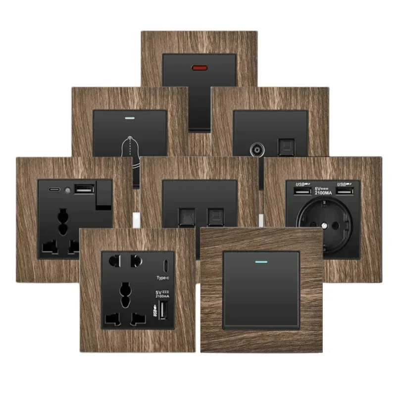 Retro Wood Grain Uk13A Wall Button Light Switch,Universal 18W Fast Charging USB C Wall Socket,Antique 220V Electrical Switch