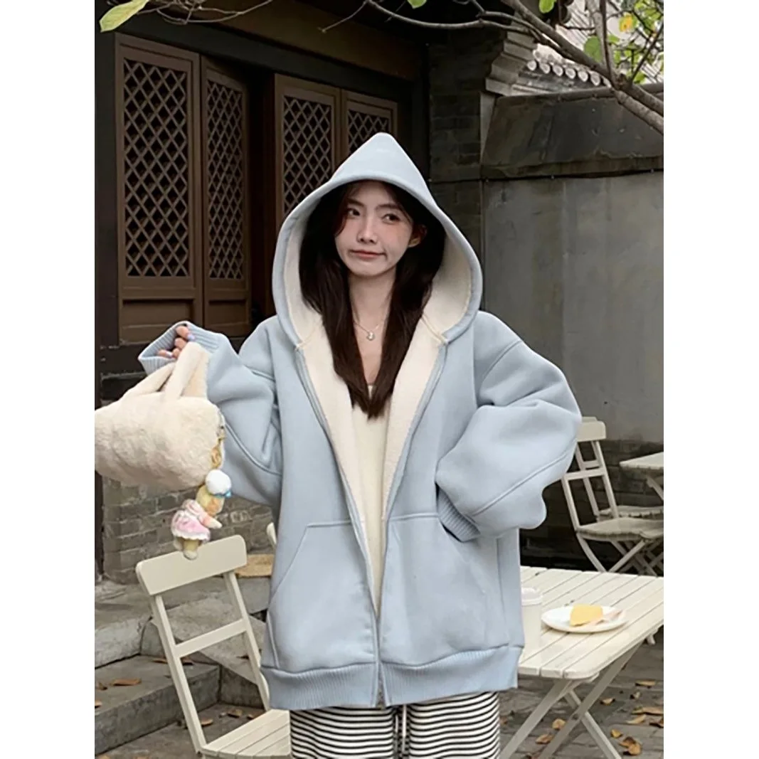 

2025 Women's Solid Color Fashionable Fur Integrated Lamb Fur Coat Women's Winter New Item Light Blue Deer Fur Cotton Coat Thick