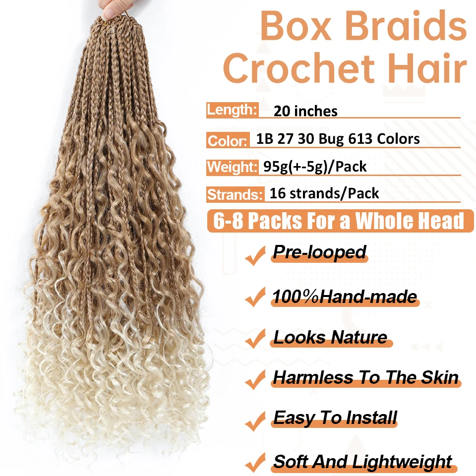 Goddess Box Braids 20 Inch Pre-looped Bohemian Crochet Boho Box Braids With Curly Ends Synthetic Braiding Hair 16 Strands