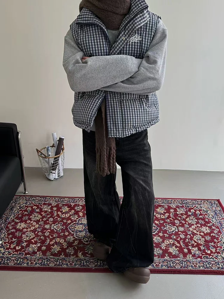 سترة شتوية دافئة سترات نسائية Y2K موضة منقوشة فضفاضة بياقة واقفة سترة Bf ملابس الشارع بدون أكمام معاطف منفوشة للأسفل #5