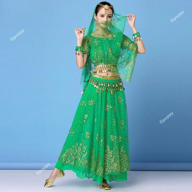 طقم زي رقص هندي نسائي ، بلوزة شيفون ، تنورة ، سلسلة خصر ، طقم رقص شرقي ، زي أداء مسرحي