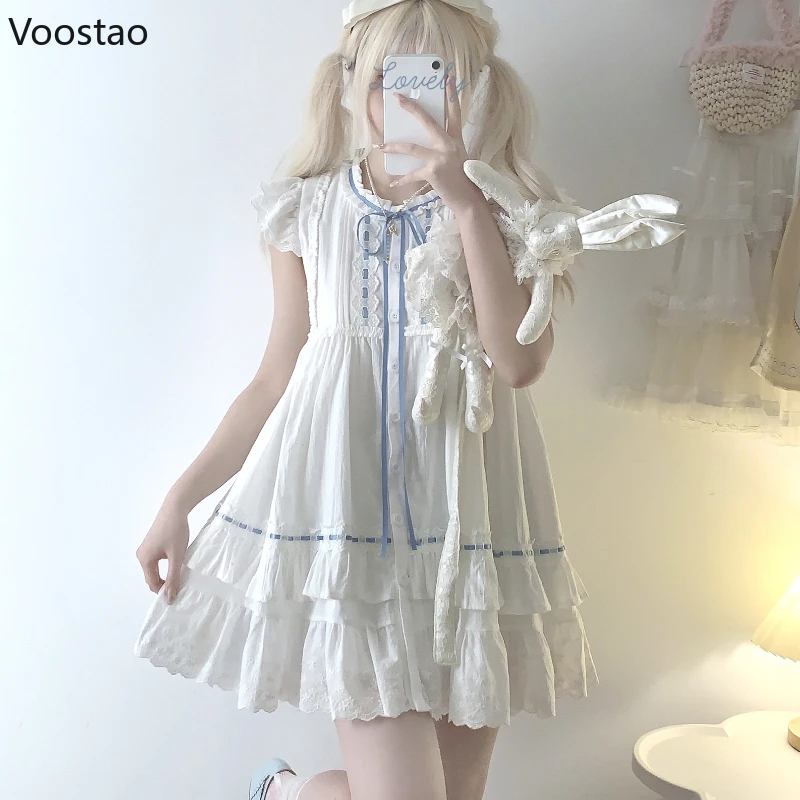 Sweet Lolita Style Mini Dress Women Japanese Kawaii Cotton Lace Ruffle Flying Sleeve White Dress Korean Elegant Princess Dresses