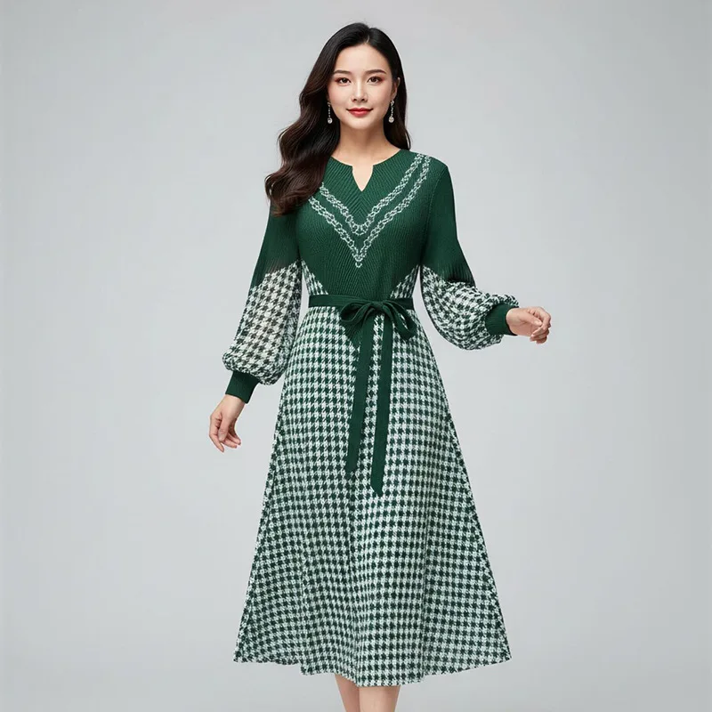 

Плиссированное платье Miyake 2026: Новинка весны и осени, в стиле «маленького парфюма», удлиненное, модное, повседневное, с длинными рукавами, элегантное