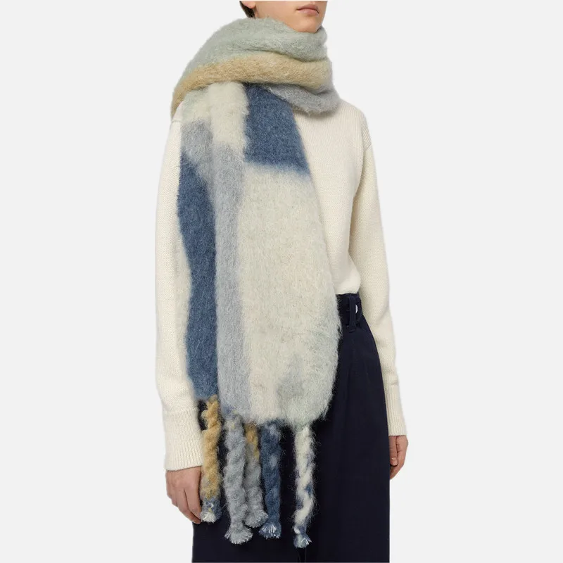 2025 شتاء جديد التجارة الخارجية قوس قزح حجم مخطط شرابة المرأة وشاح الاسلوب المناسب تقليد الكشمير الملونة مخطط وشاح