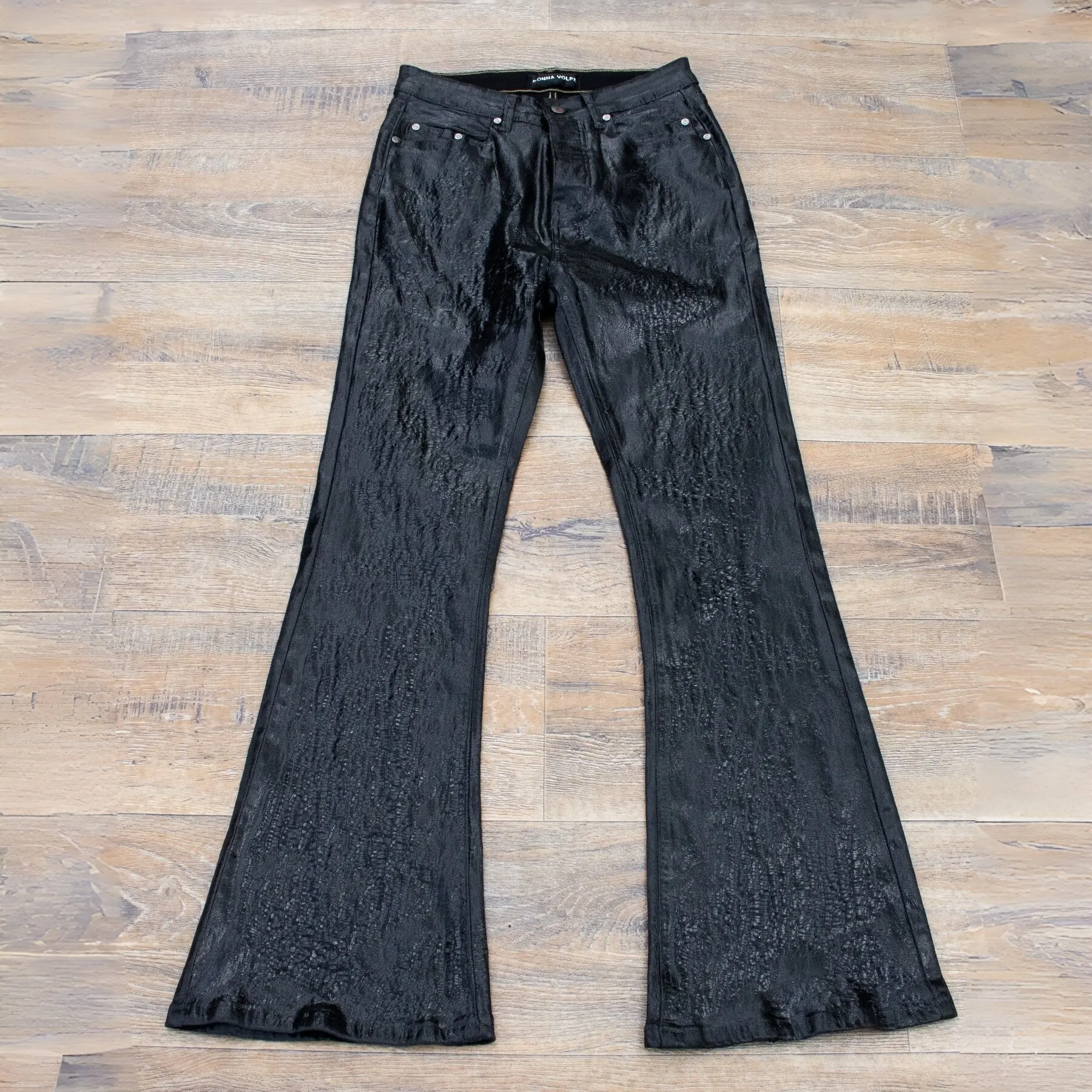 Mens Black Cracked Coated Jeans Waxed Finish Fit Flared Denim Pants for Dark Fashion and Avant Garde Streetwear Looks