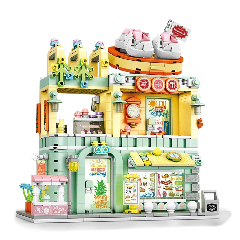 

MOC Snack Street Pizza Shop Restaurant Store Building Block Set Commodity Store Modern House DIY Toys For Children Holiday Gifts
